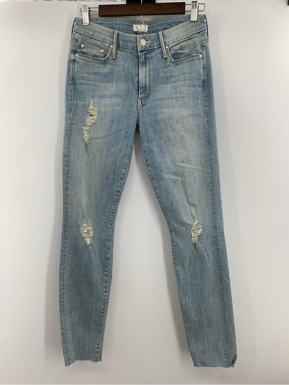 MOTHER The Looker Ankle Fray Light Wash Ripped Skinny Jeans